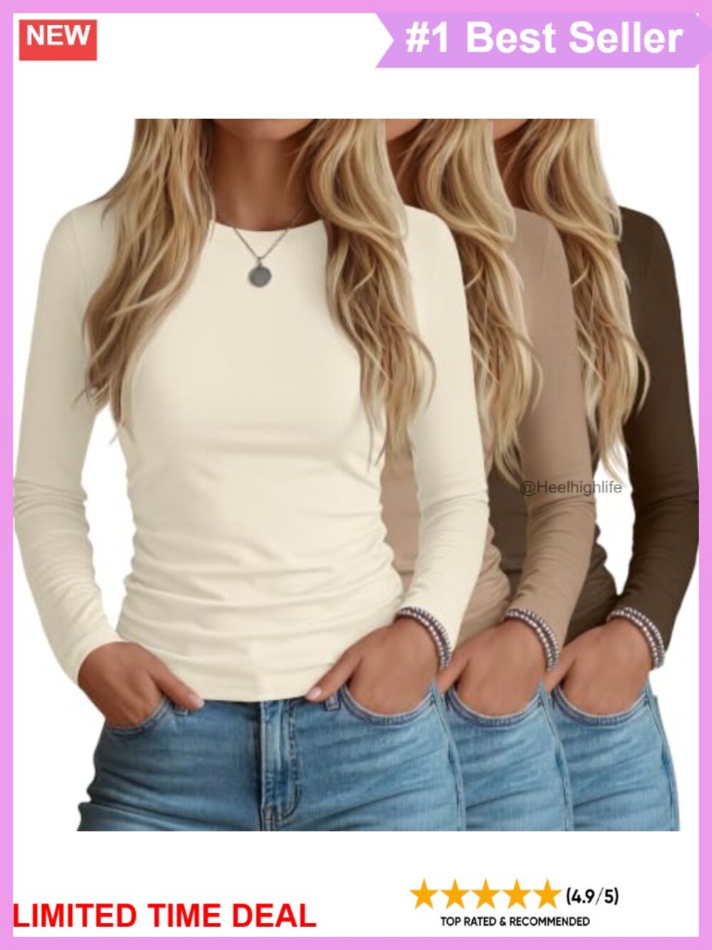3 Pack Womens Long Sleeve Fitted Crew Neck Ruched Tops T-Shirts